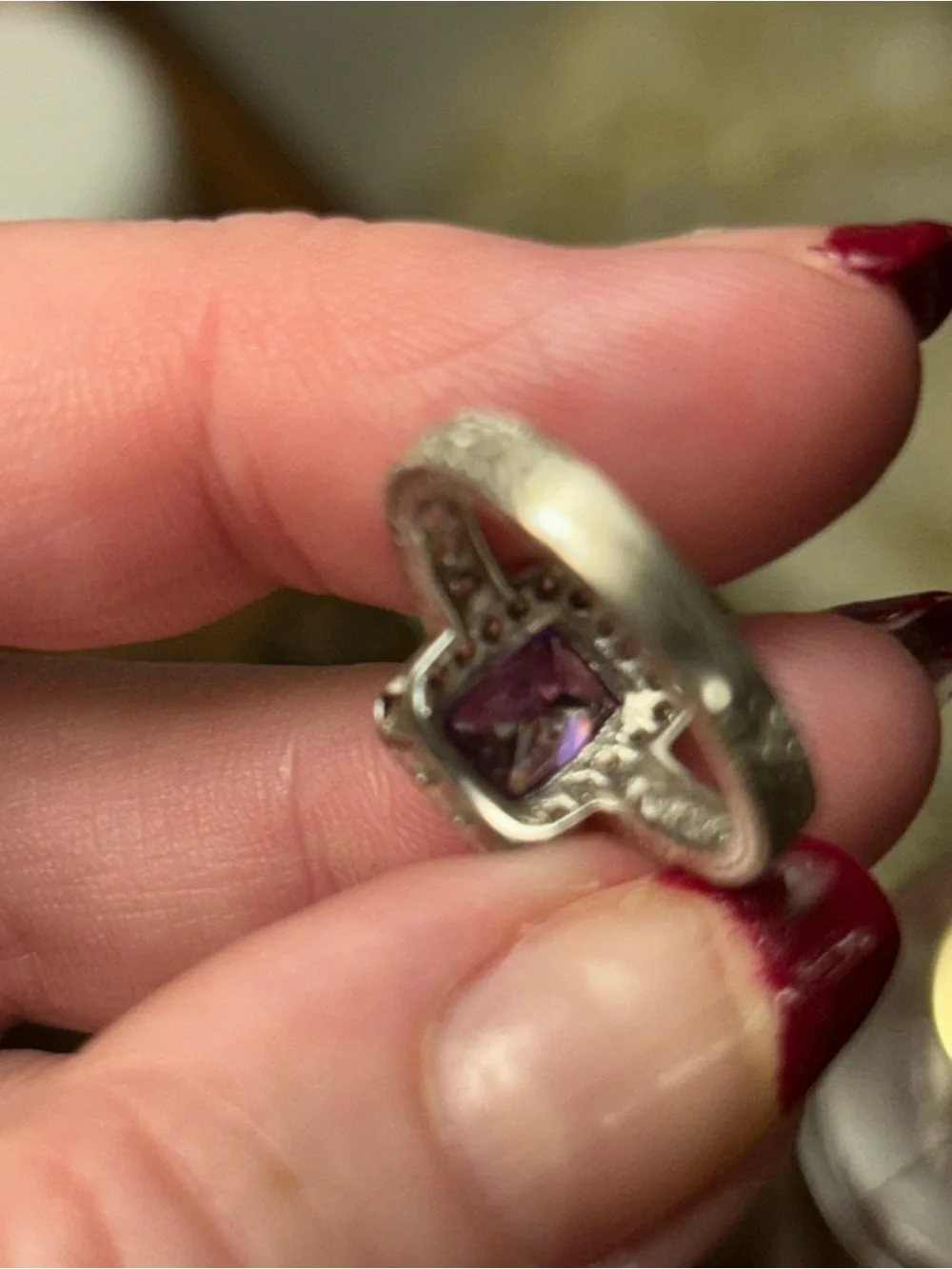 Silver Ring with Purple Gemstone and Halo Accents. Size 7